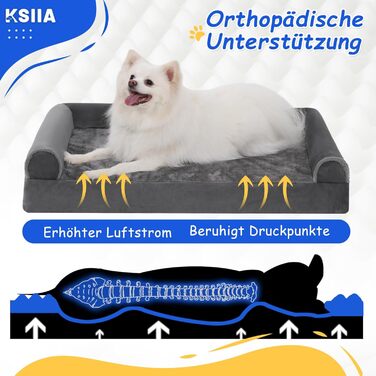 Ортопедичне ліжко для великих собак KSIIA 105x70x18 см, знімний чохол, рельєфна піна, три підвищені борти, протиковзке дно, світло-сірий