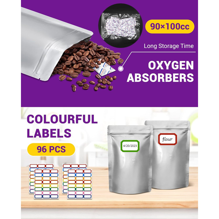 Набір 90 mylar-пакетів із поглиначем кисню для зберігання продуктів, 1 кварт (15x22 см), герметичні, 8.6 Mil, багаторазові пакети для харчових продуктів, міларові пакети з поглиначем кисню 9000CC, термозапаювані, багаторазово закриваються