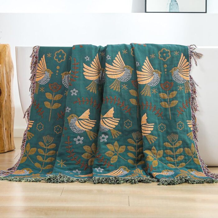 Двосторонній плед Boho 100% бавовна 200×230 см, мусліновий покривало для дивану, крісла та ліжка, м'який і затишний, синьо-бежевий
