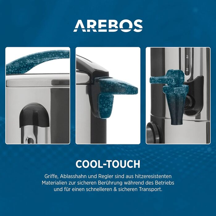 Електричний диспенсер для глінтвейну Arebos 20 л, 1650 Вт з термостатом, захистом від перегріву, краником і піддоном, регулювання температури 30-110°C