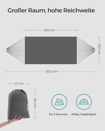 Двомісний гамак SONGMICS 210x150 см, до 300 кг, з чохлом, ременями та карабінами, для тераси, балкона, саду, кемпінгу, сірий