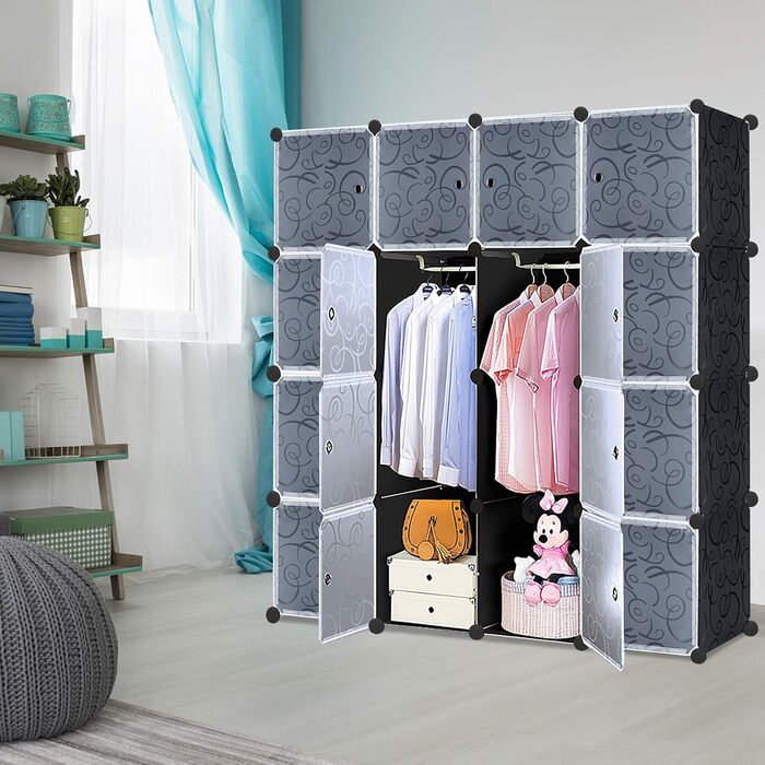 Шафа для взуття та одягу DIY, модульний органайзер 16 секцій, 111x37x147 см, чорний з дверцятами, для взуття, одягу, іграшок і книг