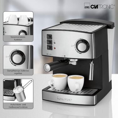 Еспресо-кавоварка Clatronic ES 3643, 15 бар, 1,6 л, 850 Вт, з нержавіючої сталі, парова насадка, знімний резервуар