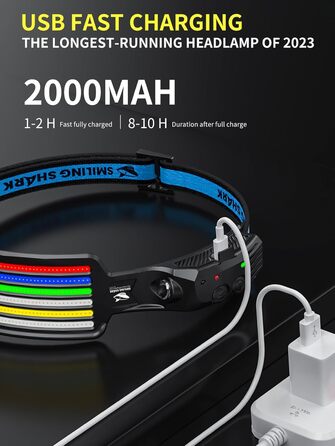 Світлодіодний налобний ліхтар Smiling Shark, надяскравий, 6 LED, широкий кут, водонепроникний, акумуляторний, для кемпінгу, бігу та риболовлі (мультиколор)