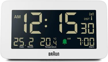 Цифровий радіокерований годинник-будильник Braun BC10W-DCF для Центральної Європи (DCF), з відображенням дати, місяця та температури, негативним LCD-дисплеєм і білим сигналом будильника