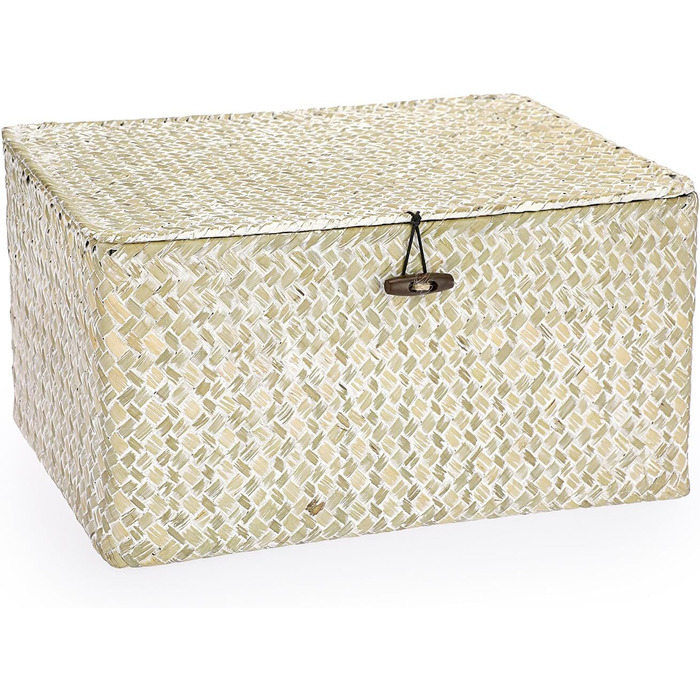 Плетений кошик для зберігання з кришкою з морської трави 36x24x18 см, прямокутний органайзер для ванної, декору та полиці, колір білений