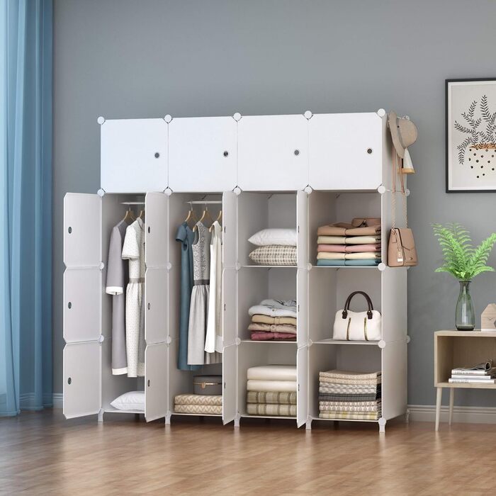 Шафа HOMIDEC біла модульна з пластику, 20 секцій, 2 штанги для одягу, 180x142x45 см, для спальні