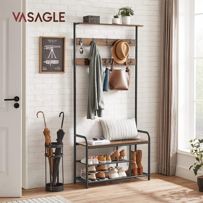 Вішалка-полиця VASAGLE 9 гачків з лавкою для взуття, 30x85x180,5 см, індустріальний дизайн, коричнево-чорна, для передпокою та спальні