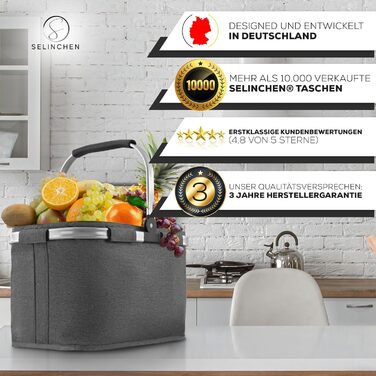 Складна преміум сумка-кошик для покупок Selinchen, 30 л, сіра, з PU-шкіряною ручкою, металевий каркас — стильна еко-сумка для шопінгу та пікніка