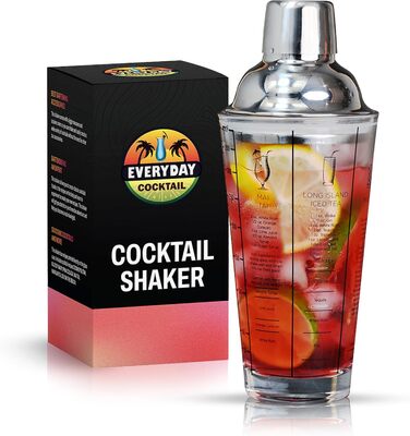EVERYDAY COCKTAIL професійний скляний шейкер для коктейлів 400 мл, мартіні, з рецептами, прозорий барний шейкер з мірною шкалою та вбудованим ситом