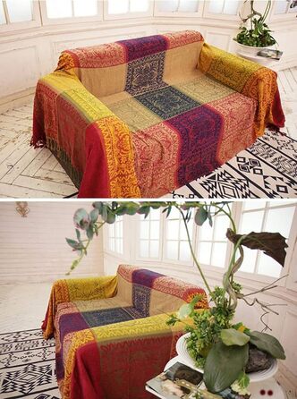 Плед-покривало Boho Hippie з жакардової шенілі, двосторонній, червоний/синій, для дивана, крісла, меблів, 250x224 см