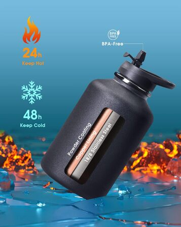 Термобутилка Coolflask 2 л з нержавіючої сталі з PU-чохлом, ізольована пляшка для води з кришкою-соломинкою, тримає холод 48 годин і тепло 24 години, Polar Black