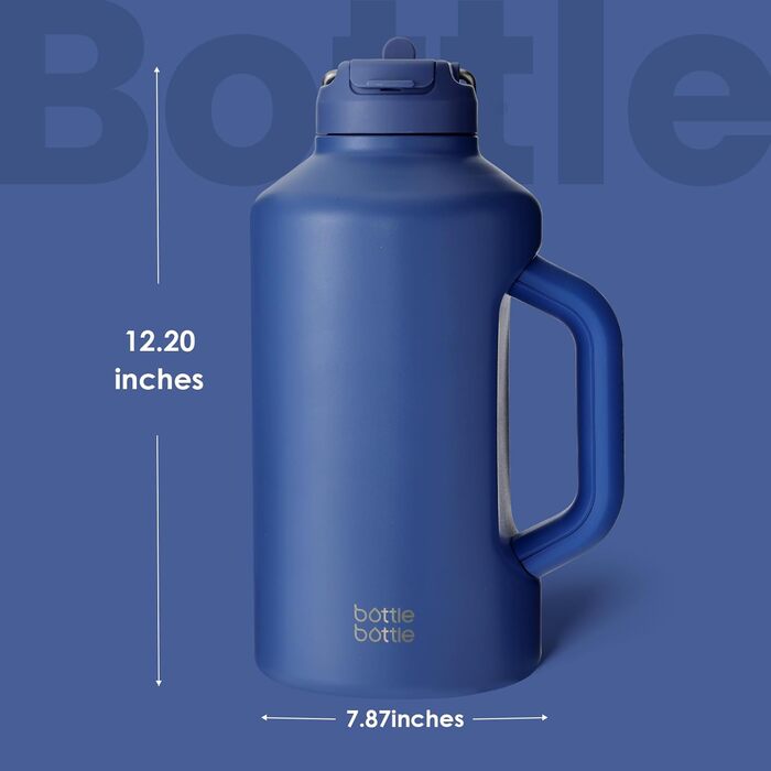 Термос-пляшка з соломинкою та подвійною кришкою BOTTLE BOTTLE, спортивна вакуумна пляшка з нержавіючої сталі 1,8 л, для тренувань та спорту, синя, з ручкою