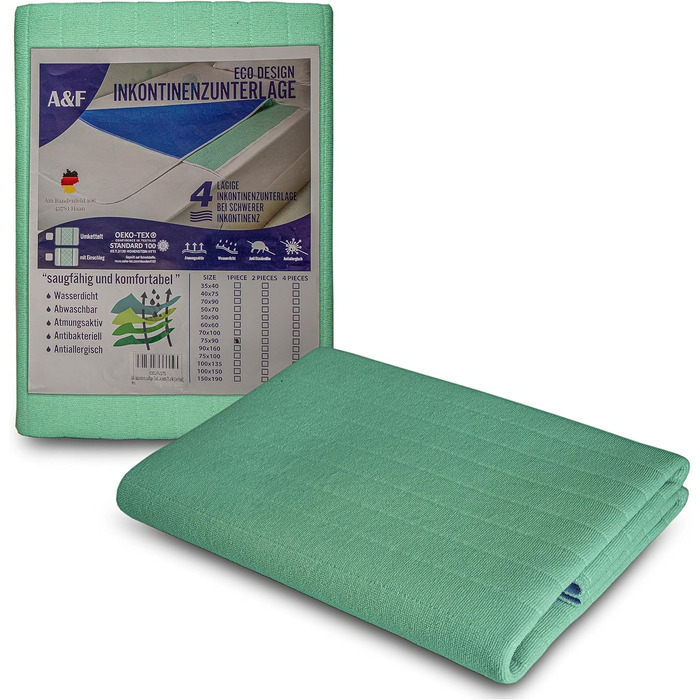 Підкладка для інконтиненції A&F 100x135 см, 4 шари, до 26280 мл/м², багаторазова, прана, захисна підкладка на матрац для дорослих ліжок