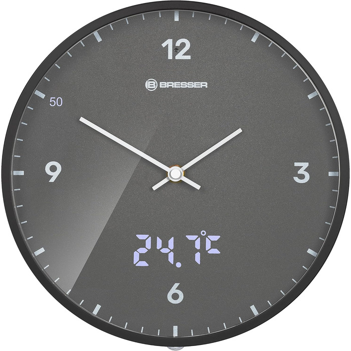 Стінастий годинник Bresser MyTime, 24 см, радіокерований, безшумний, з LED секундною індикацією, вимірюванням температури, сірий