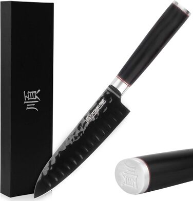 Кухонний ніж Santoku YOUSUNLONG 18 см з японської сталі AUS8, чорне титанове покриття, рукоятка з ебенового дерева