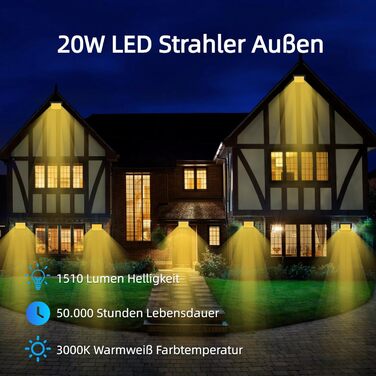 2 шт. LED прожектор 100Вт для вулиці, тепле світло 3000K, надяскравий 8140Лм, IP66 водонепроникний, настінний, для двору, гаража, саду, під'їзду (теплий білий, 20Вт, 10 шт)