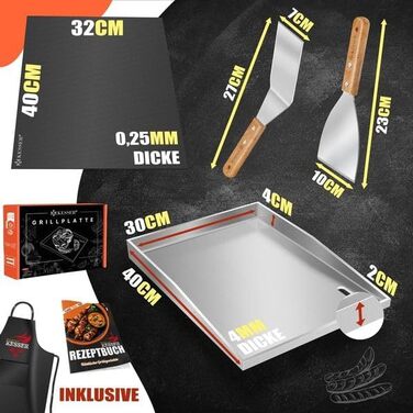 Гриль-плита KESSER з нержавіючої сталі 40x30x4 см для газових і вугільних грилів, жаростійка до 800°C, з жиростоком, для барбекю, з двома лопатками, рецептурником, фартухом і антипригарною підкладкою