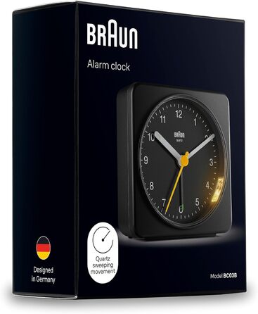 Класичний аналоговий будильник Braun з підсвіткою, безшумний кварцовий механізм, поступове посилення сигналу, чорний BC03B