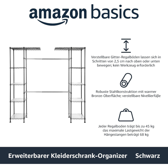 Amazon Basics Розсувна відкрита шафа для одягу з 10 регульованими полицями, чорна, 144.8-203.2 x 35.6 x 182.9 см, макс. навантаження 521 кг