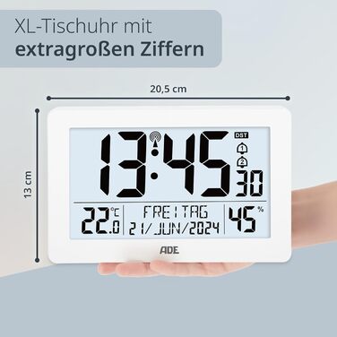 ADE цифровий настільний годинник XL з великими цифрами, 2 будильники, підсвітка, термометр, гігрометр, вузька біла рамка