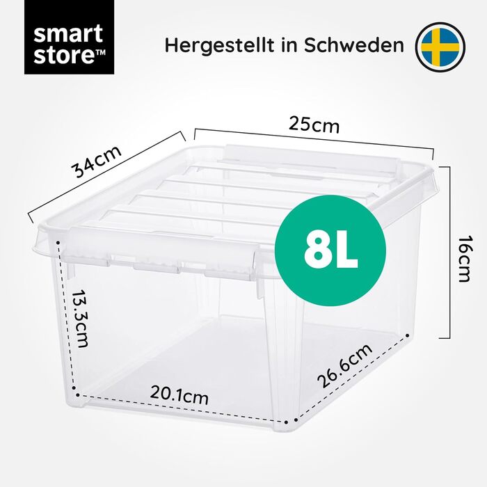 Набір з 4 контейнерів SmartStore Classic 8L з кришкою, харчовий пластик, прозорі, міцні, штабельовані, 34x25x16 см, гарантія 10 років