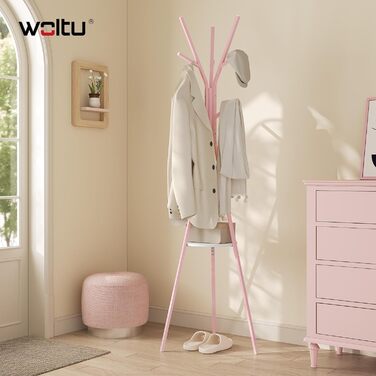 Вішалка для одягу WOLTU, металева, у вигляді дерева, з 9 гачками та полицею, для одягу, капелюхів і сумок, для вітальні чи офісу, 180 см, рожева