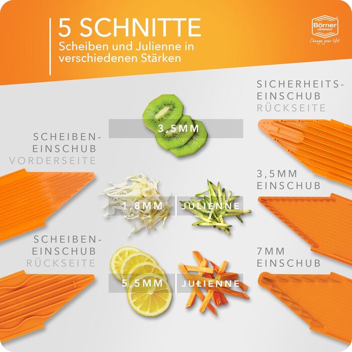 Овочерізка Börner V1 Starter Set, V-подібна, 4 насадки, фруктотримач, регульована, для овочів та фруктів, нарізка скибками, соломкою, кубиками, помаранчева