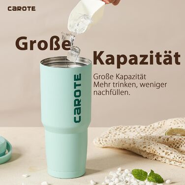 CAROTE Термос-пляшка з нержавіючої сталі 960 мл із соломинкою, вакуумна, подвійні стінки, ізоляція для гарячих і холодних напоїв, герметична, BPA Free, зелена