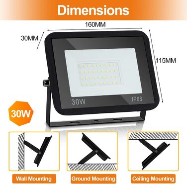 LED прожектори Ikodm для вулиці, 5 шт. по 30 Вт, тепле біле світло 3000K, водонепроникні, 2250 Лм, для двору, саду, гаража, спортмайданчика