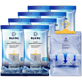 Преміум вологопоглиначі Dry & 8 шт. (14 унцій/шт) для підвалу, шаф, ванної, пральні – ультра потужний засіб від зайвої вологи, підвісний, поглинач вологи