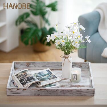 Декоративний дерев'яний піднос Hanobe XXL 55x40 см, білий, з ручками, для сервірування та декору вітальні, кухні, у стилі кантрі