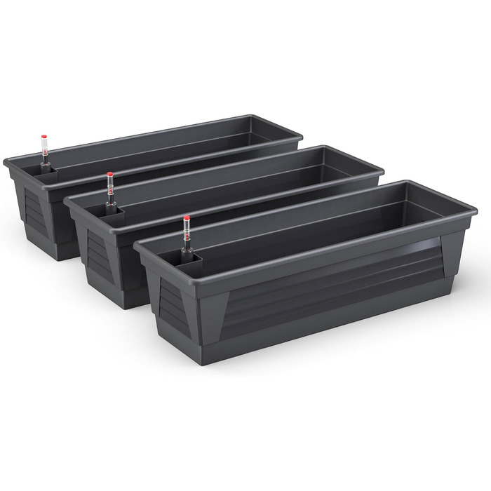 Пластиковий квітник Plastard Milano 3 шт. по 60 см, антрацит, з водозапасом і індикатором рівня води, для саду та балкона, стійкий до погодних умов, для внутрішнього та зовнішнього використання