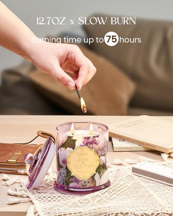 Ароматична свічка M&SENSE у склі, бузок і дика троянда, 360г, соєвий віск, до 60 годин горіння, подарунок для жінок, декор для дому