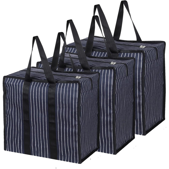 Double R Bags багаторазова сумка для покупок з вітрильного полотна, екстра велика, міцна, з посиленими ручками і дном на блискавці, темно-синя, 3 шт.