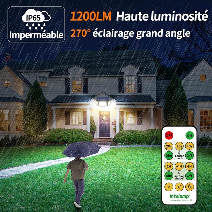 Сонячна LED лампа INTELAMP для вулиці з датчиком руху, 6000 мА·год, 1200 Лм, 270° широкий кут, IP65, з пультом, біле світло, 2 шт.