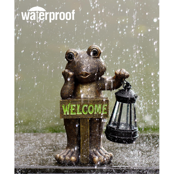 Goodeco Сонячна садова фігура жаби з табличкою Welcome, мідна, декор для тераси, балкона, двору та газону, оригінальний подарунок на новосілля для бабусі, дідуся або садівниці