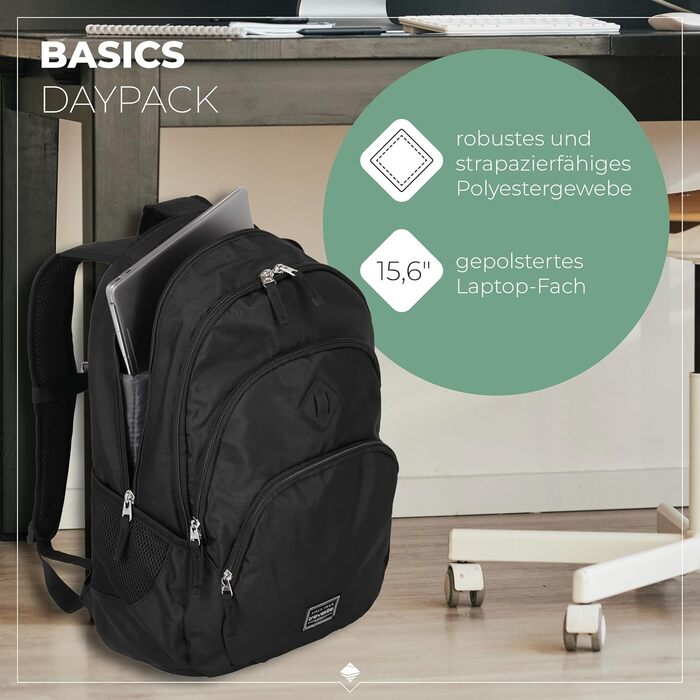 Рюкзак для ручної поклажі Travelite BASICS 22 л, 15,6'' для ноутбука, чорний, міський деньпак з багатьма відділеннями, 45 см