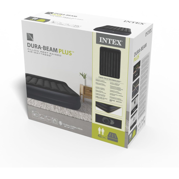 Надувне ліжко Intex Queen Pillow Rest Raised з подушкою, Fiber-Tech, 152x203x42 см, чорне/синє