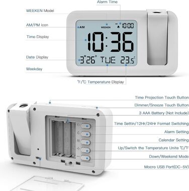 Проекційний будильник TedGem з великим LCD-дисплеєм, цифровий настільний годинник, 4 рівня яскравості, 2 мелодії, 9 хвилин дрімоти, для спальні, офісу, кухні, білий
