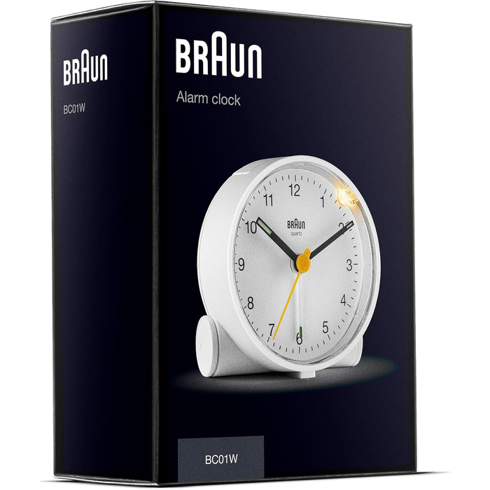 Braun класичний аналоговий будильник з підсвіткою, тихий кварцовий механізм, функція дрімоти, поступовий сигнал, білий, модель BC01W