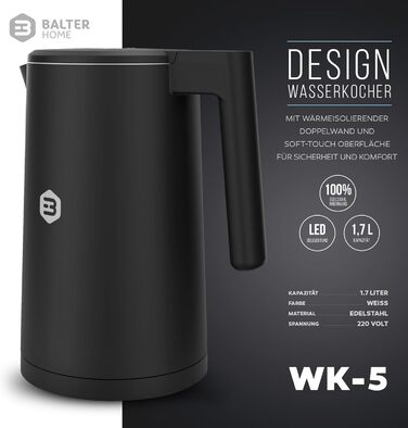 Електрочайник Balter WK-5 Touch з нержавіючої сталі, температурний режим 40–100°C, подвійні стінки, BPA-free, 1,7 л, чорний
