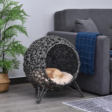 Будиночок для котів PawHut з ротангу з подушкою, котяча лежанка-купол з піднятими ніжками, натуральний, Ø52x58 см, сіро-сріблястий