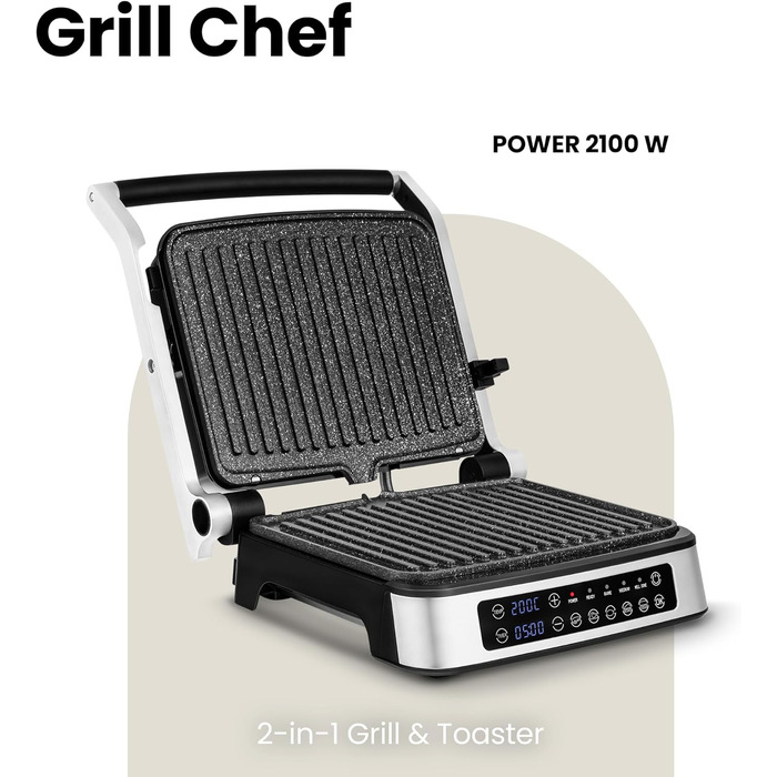 Електричний контактний гриль і сендвіч-тостер Grill Chef 2100Вт, знімні пластини, 2в1, розкладний на 180°, антипригарне покриття, піддон для жиру, звуковий сигнал, сріблястий