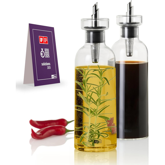 AdHoc BZ81 набір для олії або оцту AromaPour, скляний, елегантна пляшка для оливкової олії з носиком з нержавіючої сталі, герметична, 300 мл, підходить для гарбузової олії чи оцту