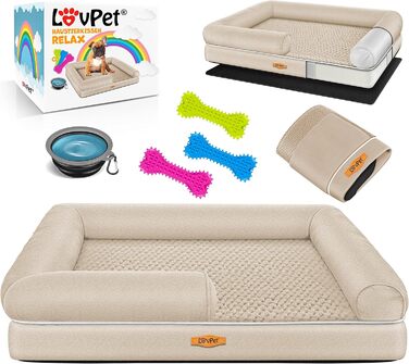 Ортопедичне ліжко для собак Relax XL, знімний чохол, миска та 3 кістки, бежевий, 120x85x25 см – для малих, середніх і великих собак
