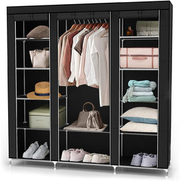 Тканинна шафа INTIRILIFE 150x175x45 см, чорна, з блискавкою, полицями, вішалкою і бічною кишенею – складана шафа для одягу, кемпінгу, гардеробу