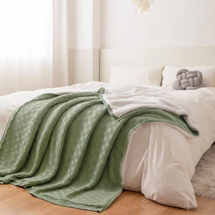 Плед Sherpa з бавовни MH MYLUNE HOME, в'язаний, оливковий, 180x200 см, 660 г/м², тепла флісова ковдра для дивана та ліжка, сертифікат OEKO-TEX, осінь-зима