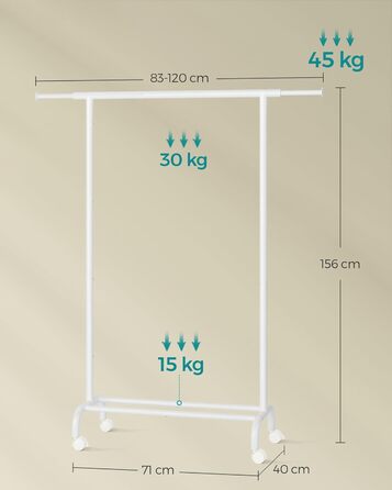 Пересувна стійка для одягу SONGMICS, розсувна, сталева, з полицею, 40 x (83-120) x 156 см, біла