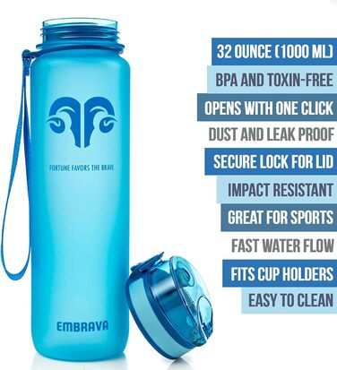 Спортивна пляшка Embrava 1000 мл, швидкий потік, BPA-free, Tritan, герметична кришка, Pure Blue